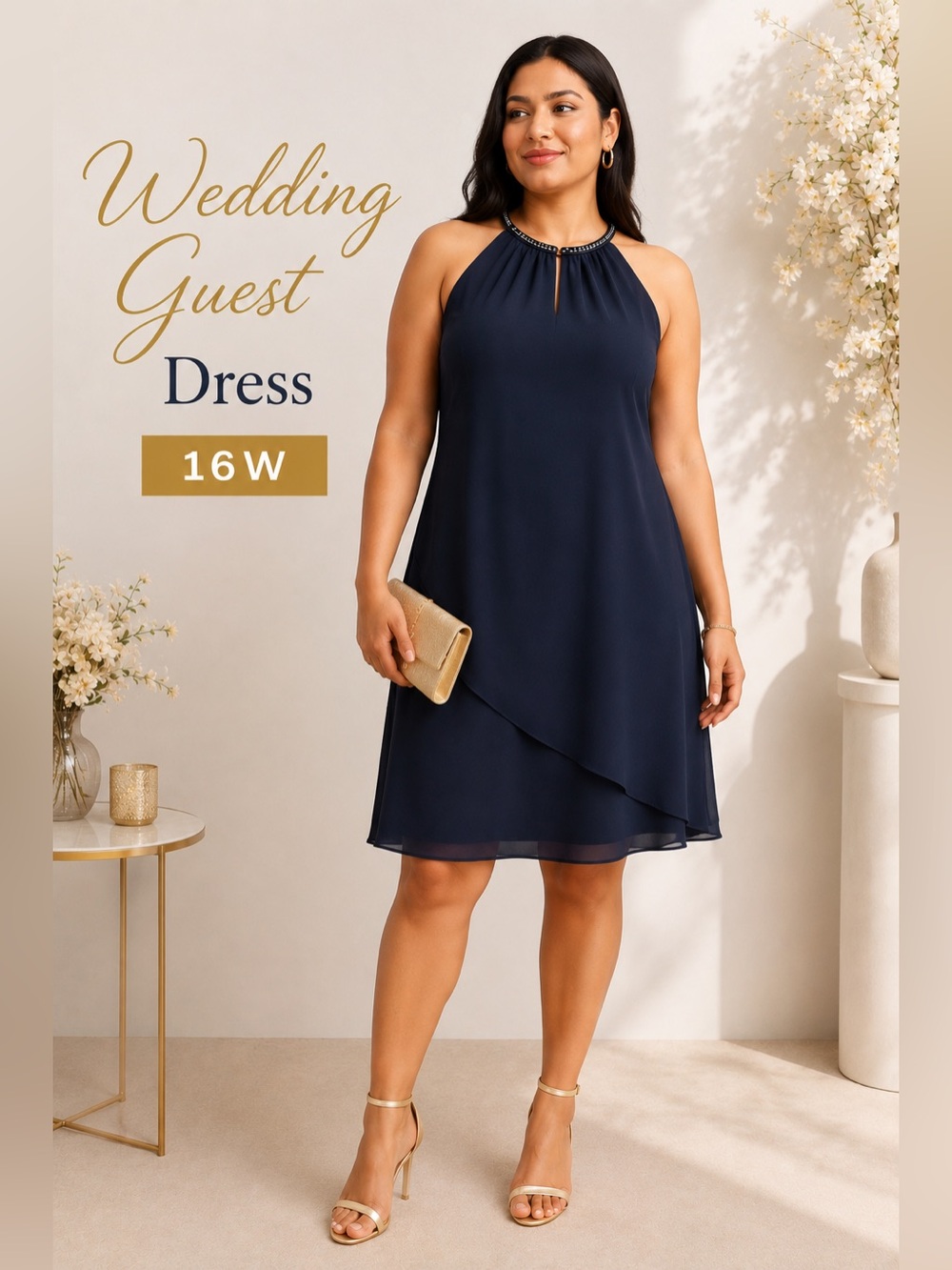 Chiffon Halter Cocktail Dress 16W Wedding Guest Formal Evening